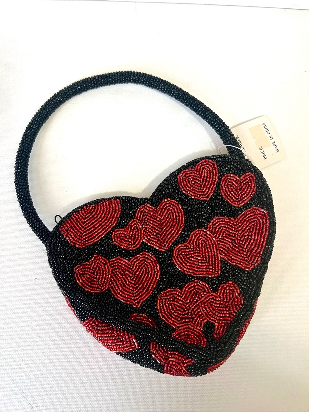NWT Beaded Heart Handbag with Red Heart Details